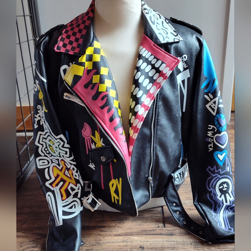 Azalea Wang Colorful Graphic Leather Jacket